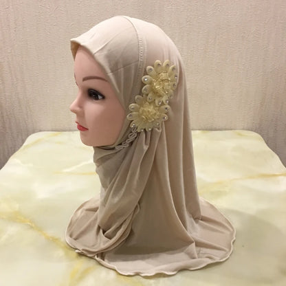 H081 beautiful small girl hijab with flowers cute hijab hats women's caps can fit 2-6 years old girls