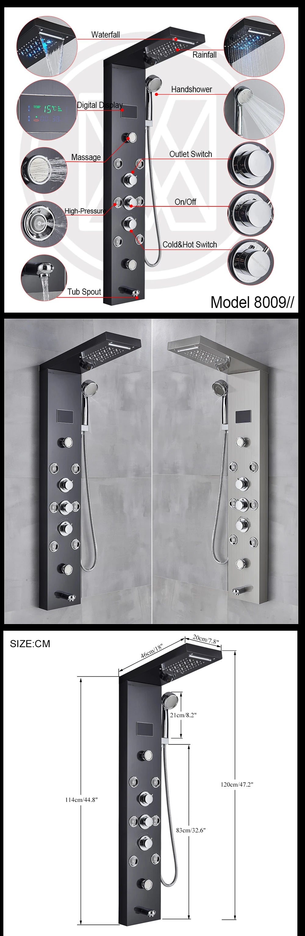 LED Light Shower Panel Waterfall Rain Digital Display Shower Faucet Set SPA Massage Jet Bathroom Column Mixer Tap Tower System