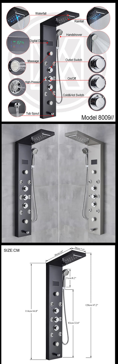 LED Light Shower Panel Waterfall Rain Digital Display Shower Faucet Set SPA Massage Jet Bathroom Column Mixer Tap Tower System