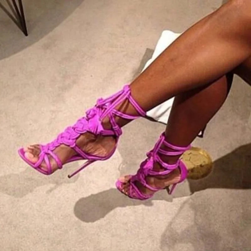 Sexy Rope Knot High Heel Sandals Braided Straps Cut Outs Summer Shoes Lace-up Stiletto Heels Gladiator Sandals Pink Brown Green