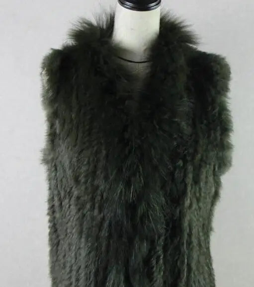 new fashion rabbit fur vest knit rabbit vest 80cm long style for women raccoon fur collar trim fur waistcoat pocket decoration