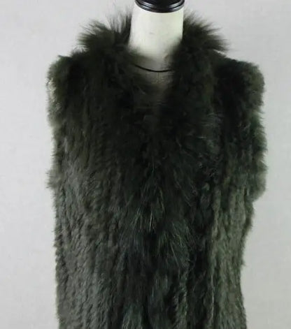 new fashion rabbit fur vest knit rabbit vest 80cm long style for women raccoon fur collar trim fur waistcoat pocket decoration