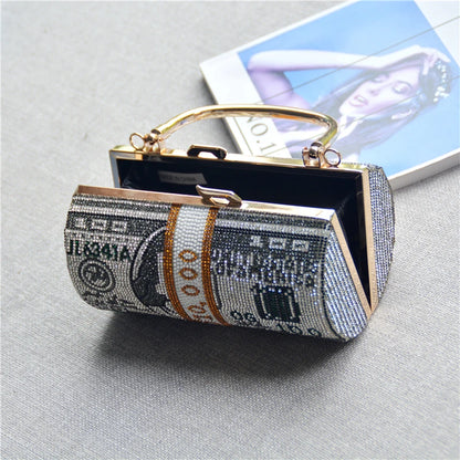 Luxury Money Clutch Rhinestone Purse 10000 Dollars Stack of Cash Evening Handbags Shoulder Wedding Dinner Bag 8 Color Wallet