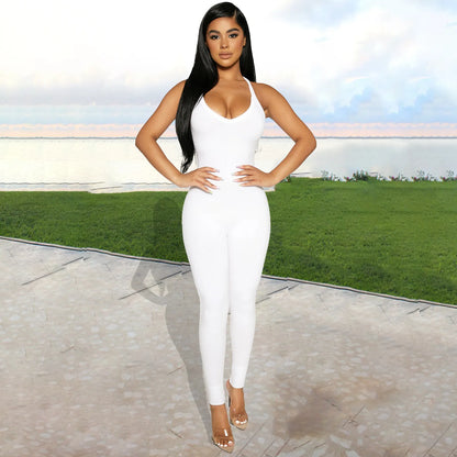 Sexy Cleavage Jumpsuits Women Classic Simple Casual Sporty Wear Sleeveless V-Neck Back Criss Cross Active Casualwear