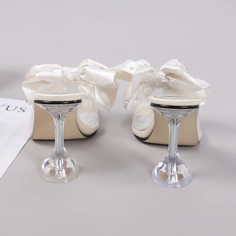 2026 New Fashion Crystal Bow High Heels Slippers Shoes Woman Sexy PVC Transparent Sandals Women Slides Open Toe Pumps Blue Black