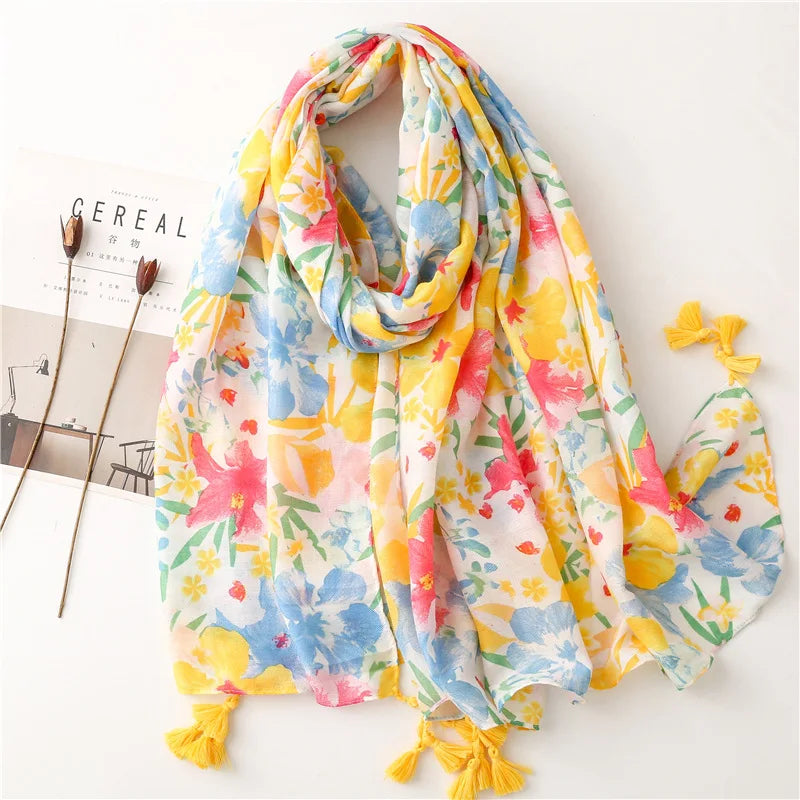 2026 Luxury Brand Ink Painting Floral Tassel Viscose Shawl Scarf Lady High Quality Pashmina Hijab and Wraps Foulard Muslim Sjaal