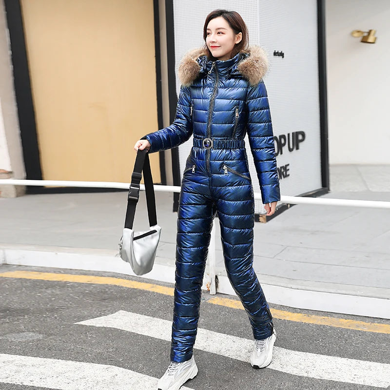 One Piece Ski Suit Women Jackets Winter Hooded Parka Jumpsuit Women Cotton Bodysuit Sashes Jumpsuits Zipper Overalls Tracksuits