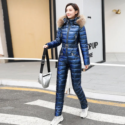 One Piece Ski Suit Women Jackets Winter Hooded Parka Jumpsuit Women Cotton Bodysuit Sashes Jumpsuits Zipper Overalls Tracksuits