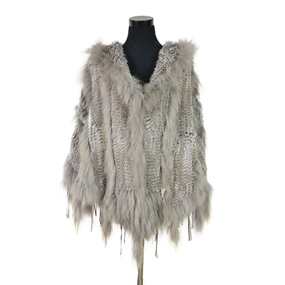 CK708 Real Knitted Rabbit Shawl Poncho Stole With Tassels Shrug Cape Robe Tippet Wrap With Raccoon Fur Collar Women