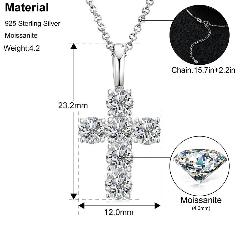 1.8ctw 4mmX6 Round Cut EF VVS1 Moissanite 925 Silver Christian Religious Rock Cross Pendant Necklace Luxury Girlfriend Xmas Gift