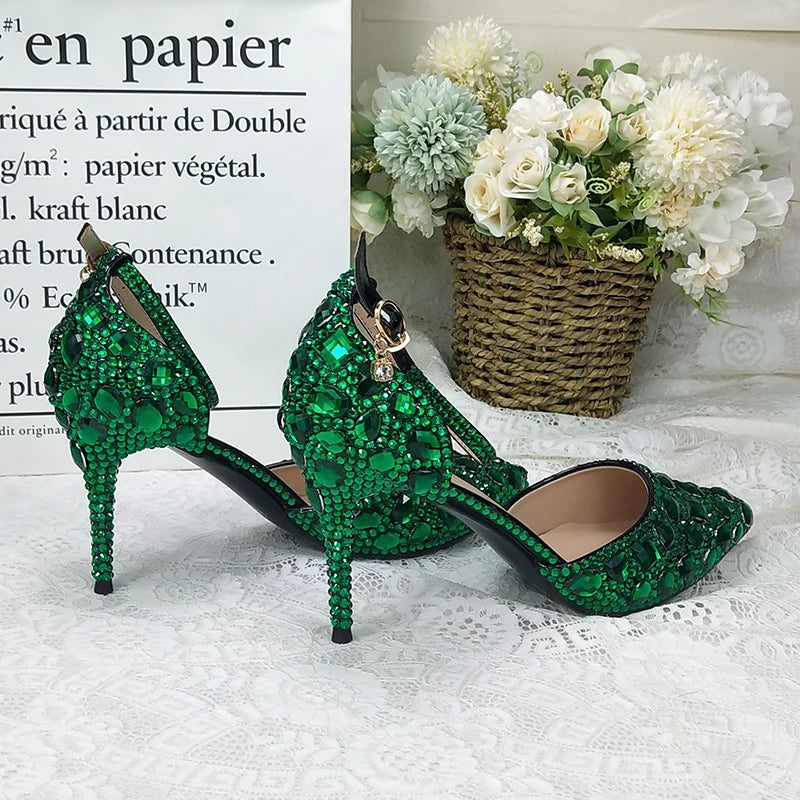 BaoYaFang 2022 NEW ARRIVE Green Crystal Wedding Shoes Woman Thin Heel Pointed Toe Bridal Party Dress Shoe Big Size High Pumps