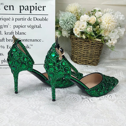 BaoYaFang 2022 NEW ARRIVE Green Crystal Wedding Shoes Woman Thin Heel Pointed Toe Bridal Party Dress Shoe Big Size High Pumps