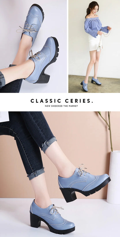 EOFK Women Brogue Shoes New Quaity High Square Heel Derby Genuine Leather High Heels Wedge Shoes Woman Female Shoes Pumps Casual