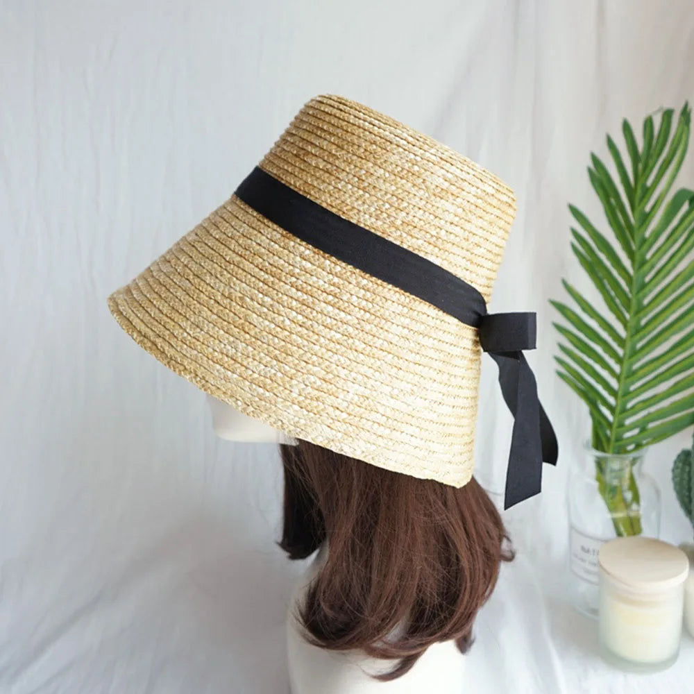 Handmade Summer Hats For Women Ladies Sun Hat Ribbon Bowknot Beige Straw Hat Adjuatble Beach Hat Wide Brim Kentucky Derby Hat