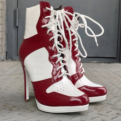 LAIGZEM Women Ankle Boots Round Toe Shiny Thin High Heels Comfortable Lace Up Short Boots Ladies Girls Big Size 41 45 46 47