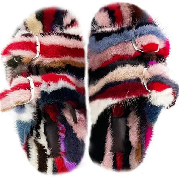 Slippers Ladies Summer Fluffy Mink Fur Slippers 100% Mink Fur Slippers Ladies Sandals 2021 Home Slippers Girls Outdoor Slippers