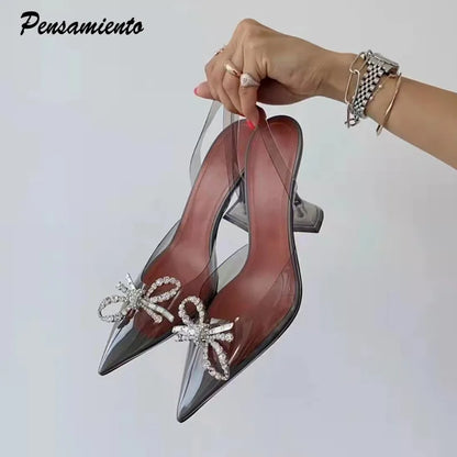 35-45 Fashion Transparent Soft PVC Women Pumps Luxury Rhinestones Bowknot Slingback High heels Spring Summer Wedding Party Shoes