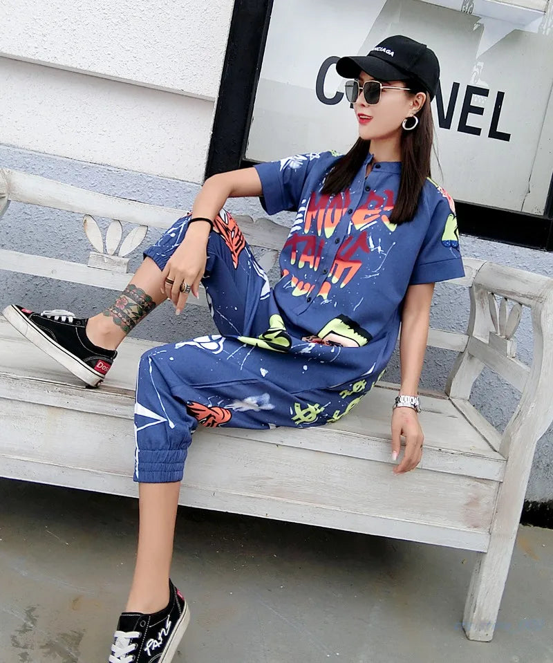 New Women Cartoon Graffiti Printing One Piece Overalls Mandarin Collar Short Sleeve Jumpsuit Hip Hop Design Rompers Baggy Pants
