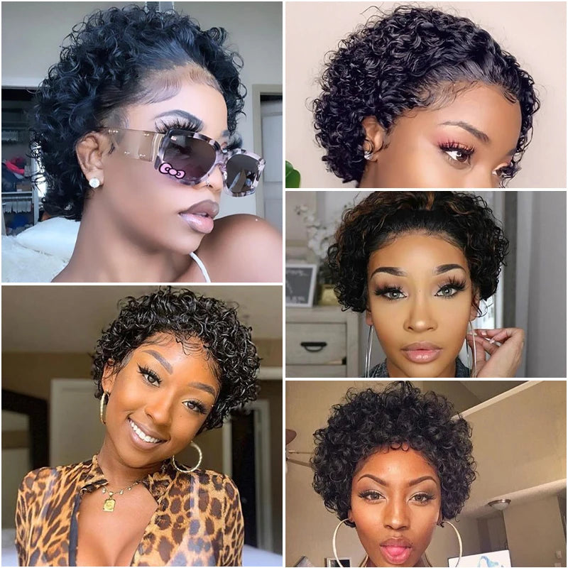 13x4 Lace Frontal Wigs Human Hair Pixie Cut 180% Density Black Color Water Wave Short Pixie Cut Wigs for Women Preplucked