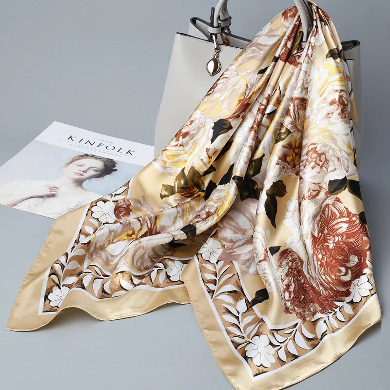 Wholesale Fashion Floral Print Kerchief Silk Satin Shawls and Wraps Hijab Scarfs Female 90cm*90cm Square Bag Scarves For Ladies