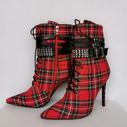Red Plaid Cloth High Heel Ankle Boots Buckle Strap Studded Rivets Lace-up Short Bootie Pointed Toe Stiletto Heel Dress Shoes