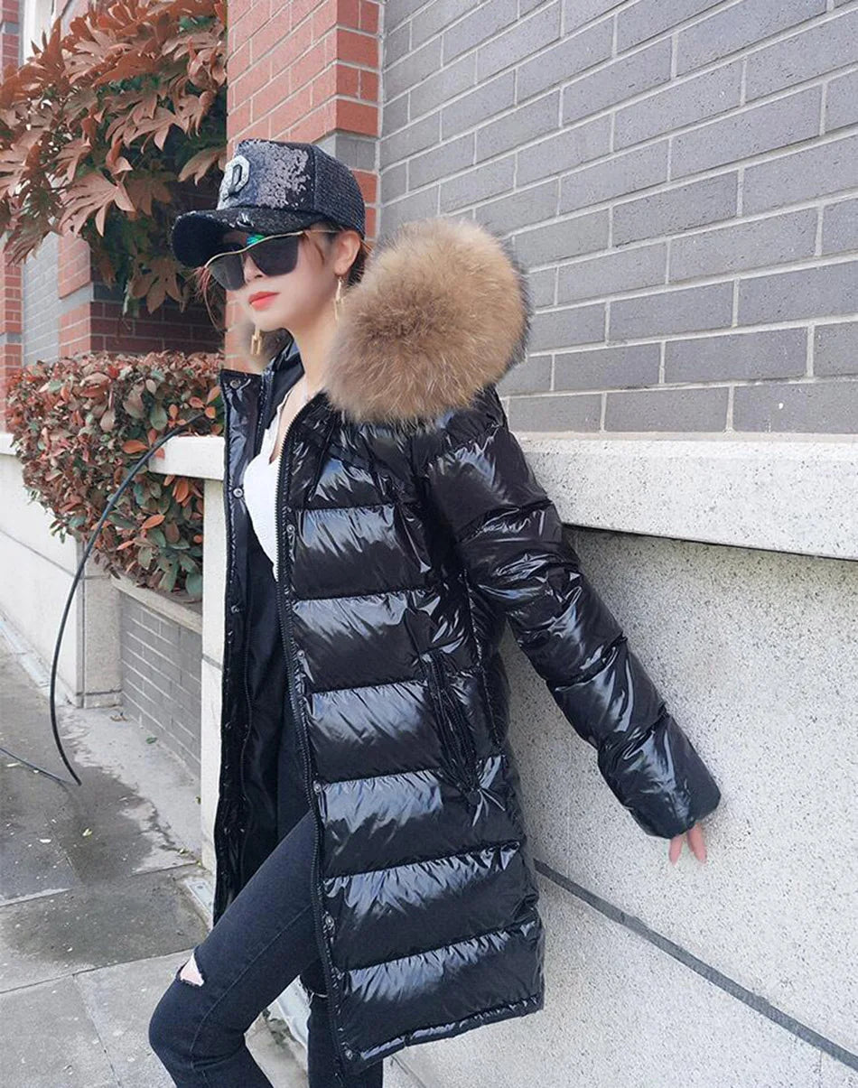Maomaokong Winter Jacket Women Real Fur Coat Parkas Duck Down Lining Coat Real Raccoon Fur Collar Warm Black Streetwear