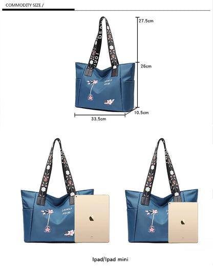 2024 New Arrivals Embroidery Women Handbag Nylon Waterproof Casual Tote Shopping Bag Large Capacity Female Shoulder Bags