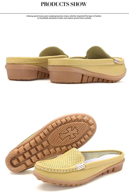 Women Casual Shoes Hollow Out Lady Half Lofers Genuine Leather Flats Moccasins Women Luxury Brand Half Slippers Zapatillas Mujer