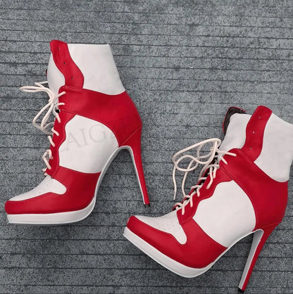 LAIGZEM SUPER Women Ankle Boots Patchwork High Heel Comfortable Short Boots Winter Casual Ladies Botines Mujer Big Size 45 46 47