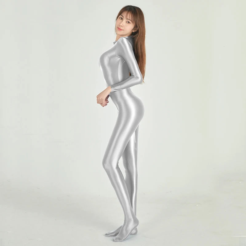 AMORESY Sexy Shiny Long Sleeve Full Length Oil Tights Smooth Leotard Running Overall Yoga Zentai Casual Sport Jumpsuits Catsuits