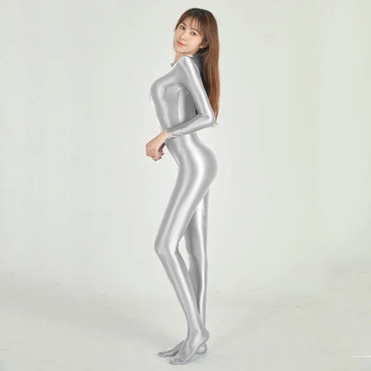 AMORESY Sexy Shiny Long Sleeve Full Length Oil Tights Smooth Leotard Running Overall Yoga Zentai Casual Sport Jumpsuits Catsuits