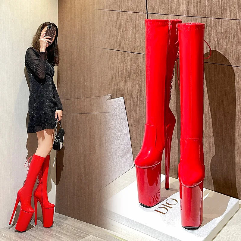 26cm High Heels Mid-Calf  Red Black Women Boots Round Head Rear Strap Pole Dance Shoes Fashion Sexy Roman Style bota feminina