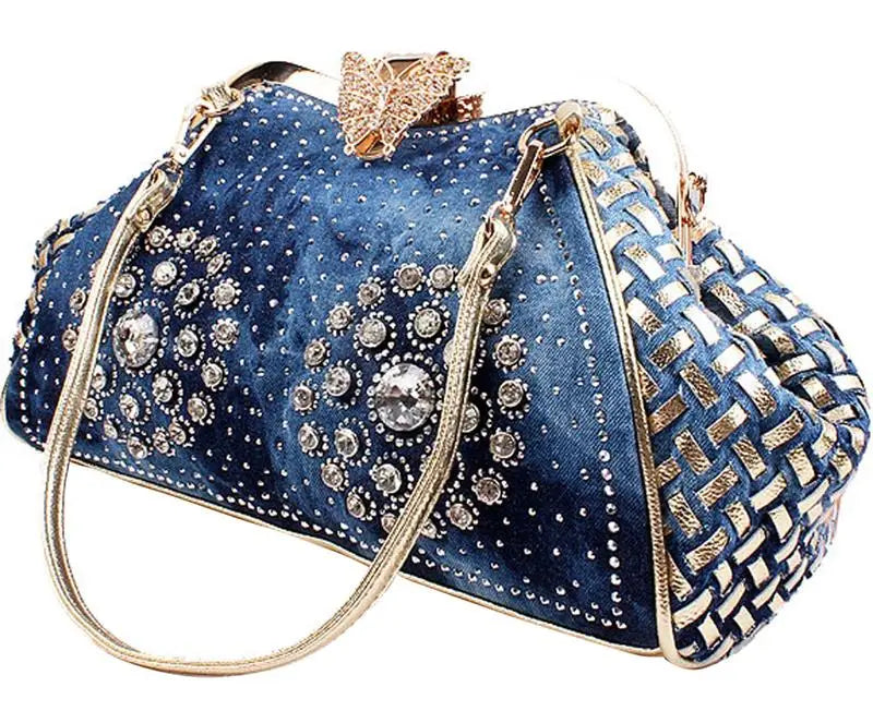 Denim Rhinestones Women Handbag Clutch Bag For Evening Party Chic Butterfly Decoration Ladies Denim  Shoulder Bag
