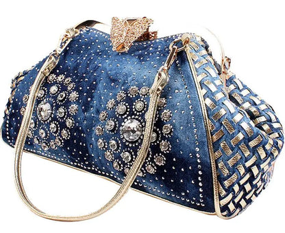 Denim Rhinestones Women Handbag Clutch Bag For Evening Party Chic Butterfly Decoration Ladies Denim  Shoulder Bag
