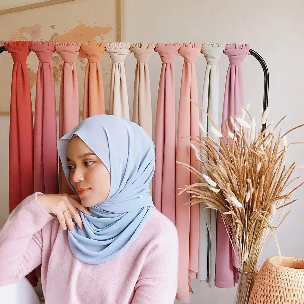 New Fashion Women Solid Chiffon Headscarf Ready To Wear Instant Hijab Scarf Muslim Shawl Islamic Hijabs Arab Wrap Head Scarves