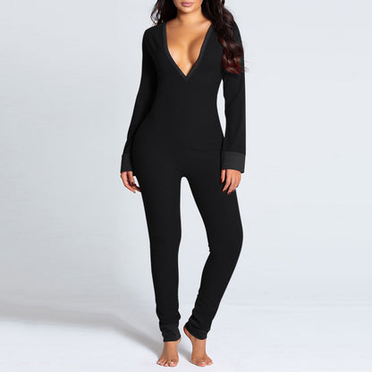 Sexy Pyjama Women's Jumpsuit Suit Button-down Front Back Butt Open Ass Flap Jumpsuit Pajamas Loungewear Buttoned Sleepwear