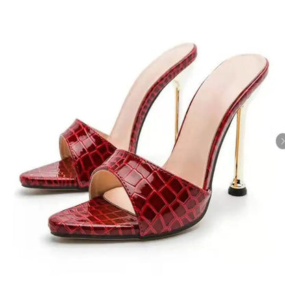 Luxury Women Ultra-High-Heeled Thin Metal Sandals with Pointed Fish Mouth Snake Print Large Size Wine Glasses Party Slippers