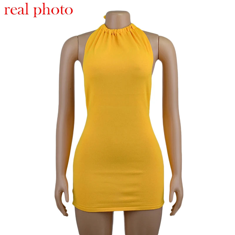 Cryptographic Halter Sexy Backless Mini Dresses Bodycon Skinny Club Party Sleeveless Knitted Dress Fall Streetwear Beach Holiday