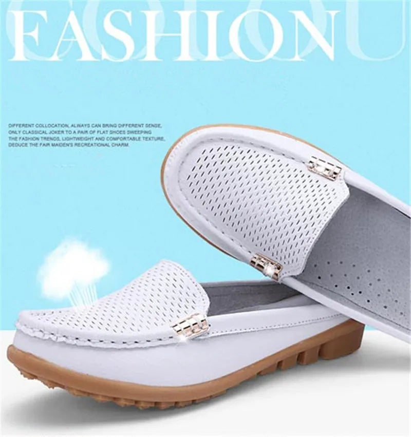 Women Casual Shoes Hollow Out Lady Half Lofers Genuine Leather Flats Moccasins Women Luxury Brand Half Slippers Zapatillas Mujer