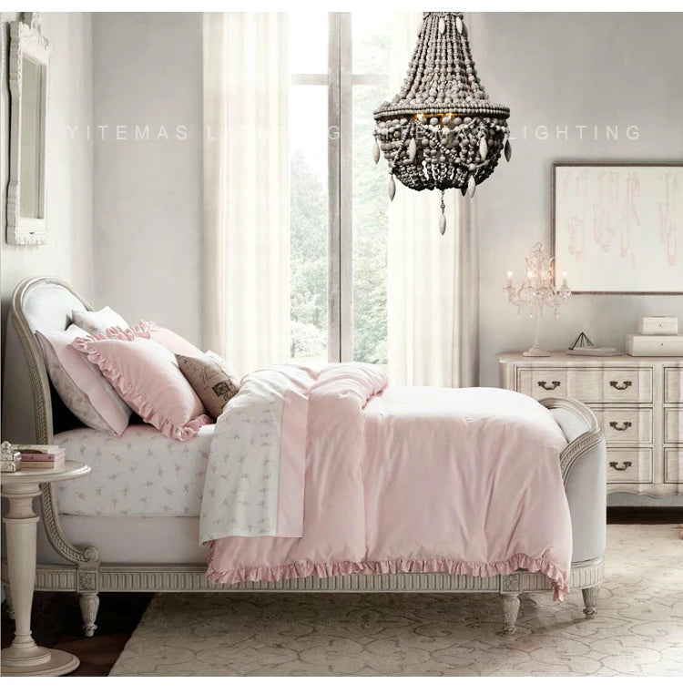 French Country white wood Bead Chandelier dining room bedroom princess Decorative chandelier 3/5 lights hanging light fixture