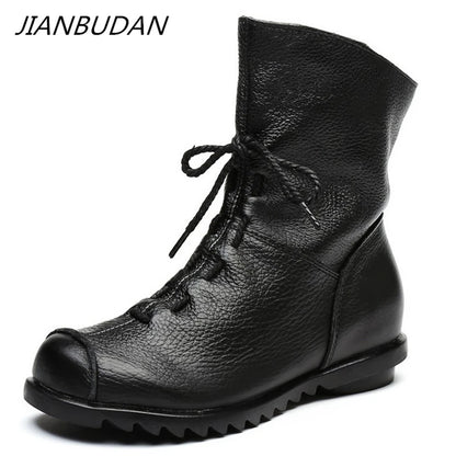 JIANBUDAN/ Genuine Leather Plush Women's Short Boots Retro Casual Autumn Winter Women's Boots Waterproof Leather Warm Snow Boots