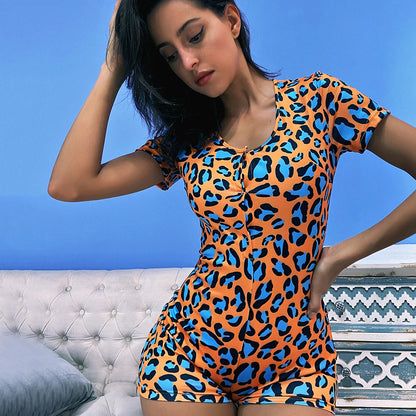 OMSJ 2024 Blue Cookie Print Women's Basic Button Casual Short Sleeve Rompers Female Bodycon Workout Playsuit Hot S-3XL Overalls
