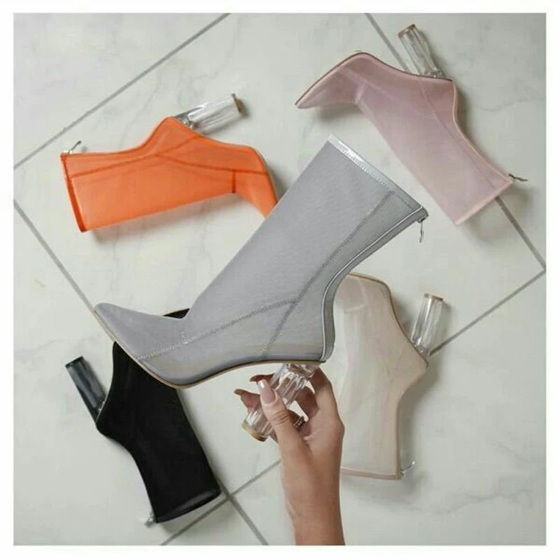 New Mesh Neon Green Sandal Boots Women Sexy Over The Knee Boots Pointed Toe High Heels Party Shoes Woman Thigh High Boots