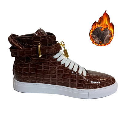 Luxury Designer Men Crocodile Pattern High Top Sneakers Glossy Patent Leather Gold Buckle Lace-up Casual Street Shoes Footwear