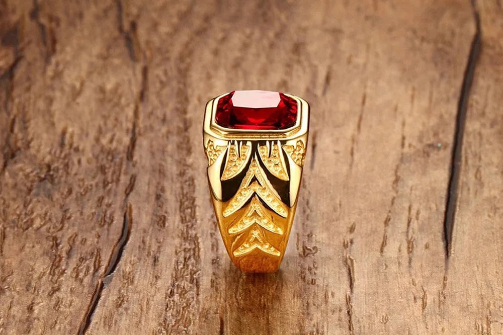 Square Red gemstones zircon diamonds rings for men 18K gold color titanium stainless steel luxury jewelry bijoux bague accessory