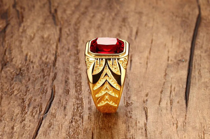 Square Red gemstones zircon diamonds rings for men 18K gold color titanium stainless steel luxury jewelry bijoux bague accessory