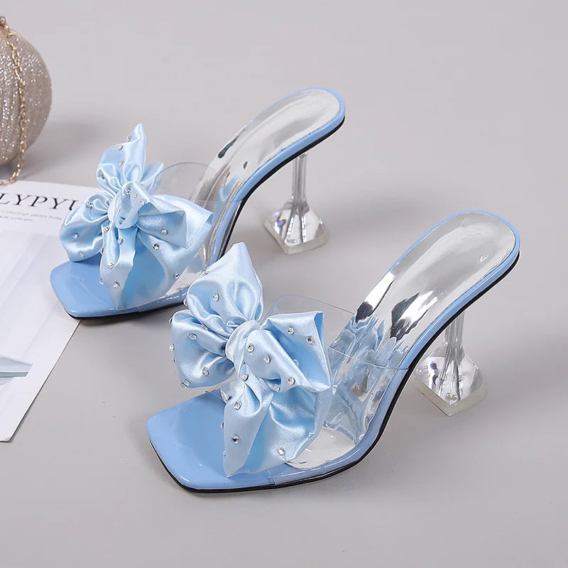 2026 New Fashion Crystal Bow High Heels Slippers Shoes Woman Sexy PVC Transparent Sandals Women Slides Open Toe Pumps Blue Black
