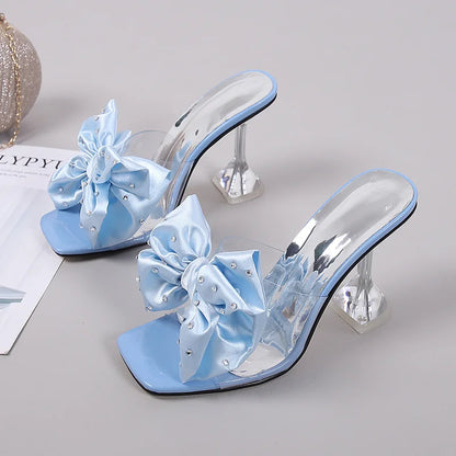 2026 New Fashion Crystal Bow High Heels Slippers Shoes Woman Sexy PVC Transparent Sandals Women Slides Open Toe Pumps Blue Black