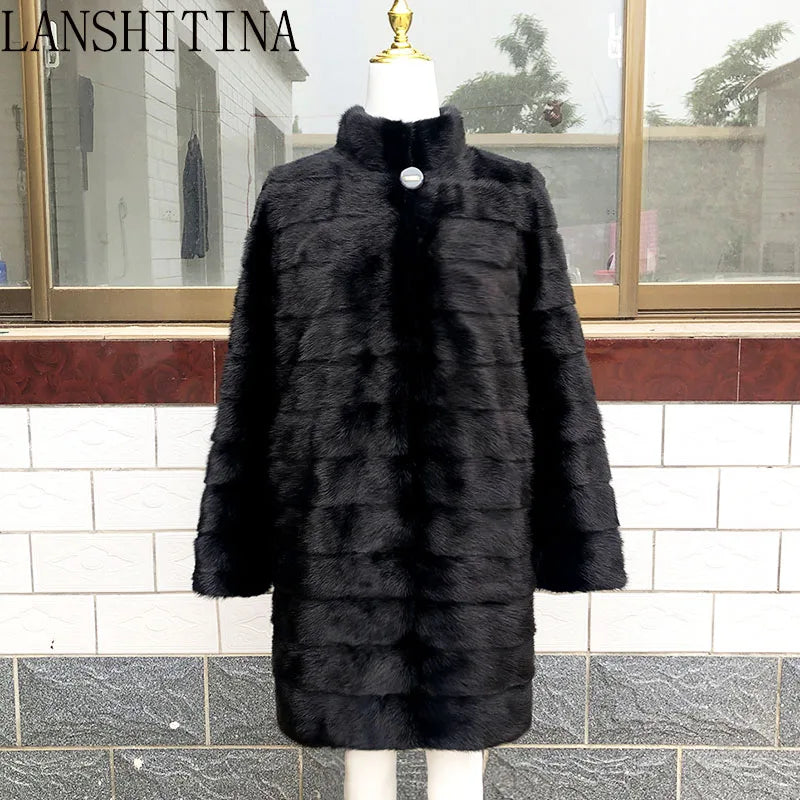2021 Russian Woman 100% Real Mink Fur Coat Genuine Leather Coat Winter Warm Natural Fur Jacket Long Sleeve Stand-up Collar