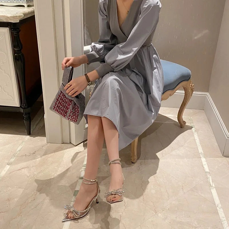 2026 New Fashion Glitter Rhinestones Women Pumps Crystal Bowknot Silk Pointed Toe Buckle Strap Thin High Heels Party Prom Shoes